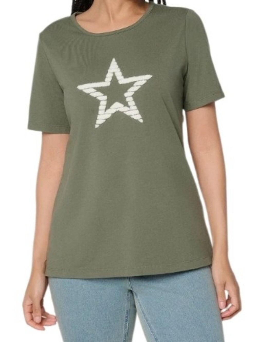 Casual Olive Green With White Star Graphic Tee - Women's Top Sz Nwt